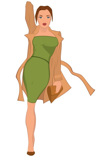 穿着绿色裙子和棕色外套的卡通年轻女子图片下载