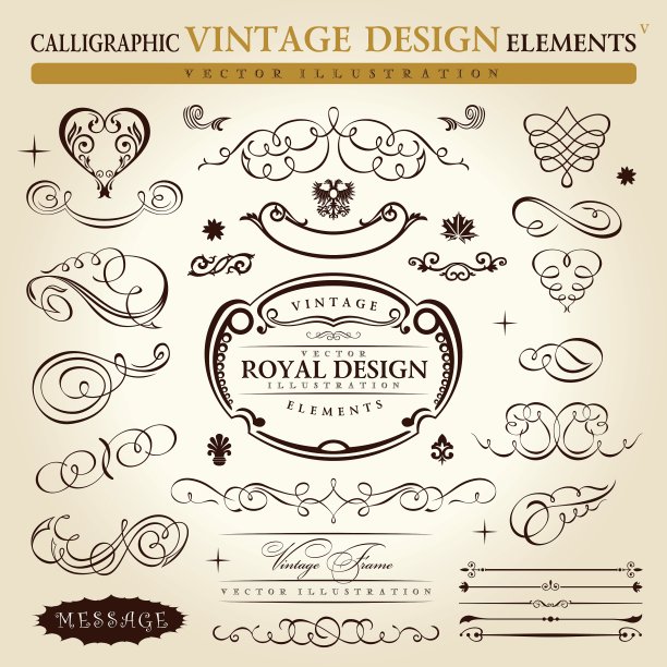 书法元素复古装饰集向量图片下载