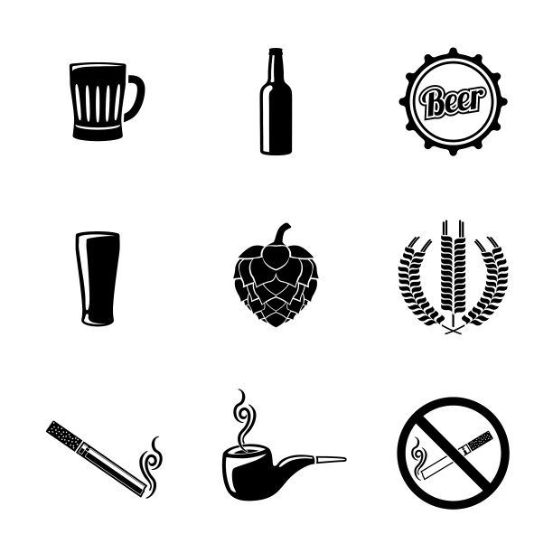带玻璃杯瓶的酒吧和啤酒图标集图片下载