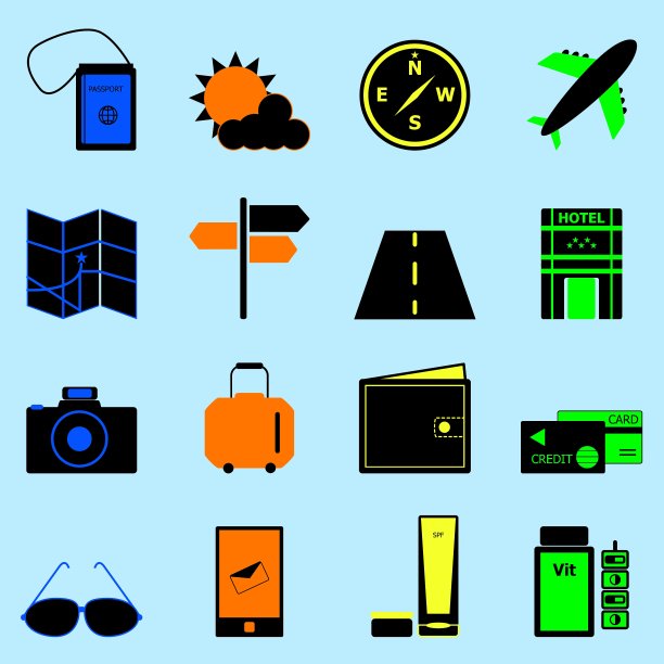 旅行彩色图标设置在浅蓝色背景图片下载