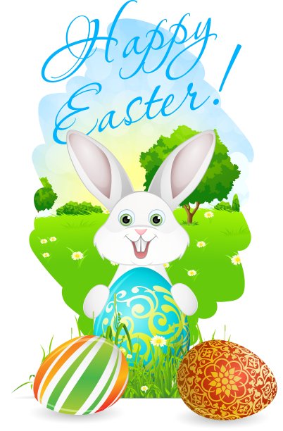 带有景观兔子和彩蛋的复活节卡片图片下载