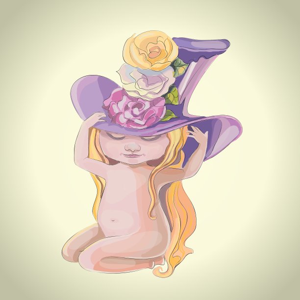 小女孩试戴大的淡紫色帽子图片下载