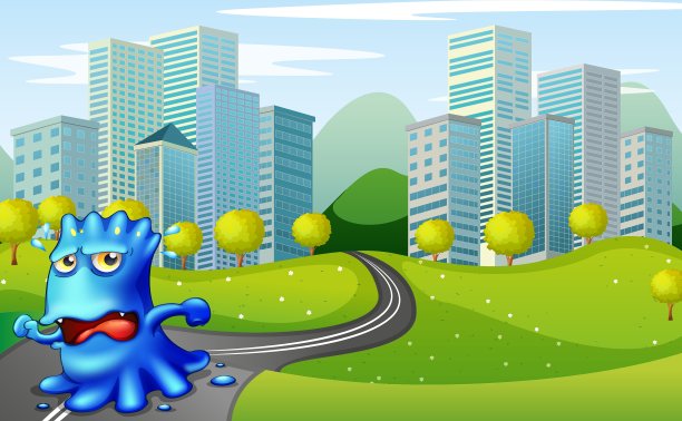 一个怪物在建筑物附近的路上奔跑图片下载
