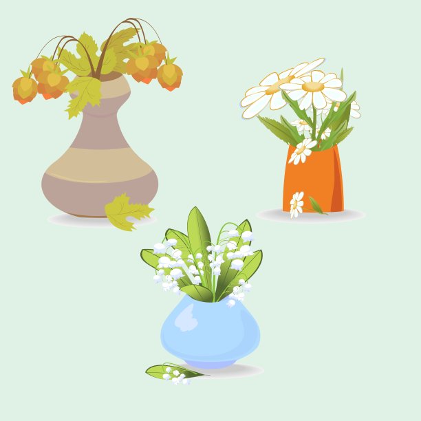 花瓶上有三朵花，百合，雏菊，叶子图片下载