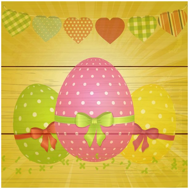 木制背景上的复活节彩蛋和彩旗图片下载