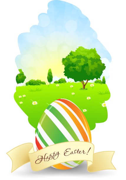 带有景观兔子和彩蛋的复活节卡片图片下载