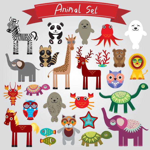 在白色背景上的一组有趣的卡通动物图片下载