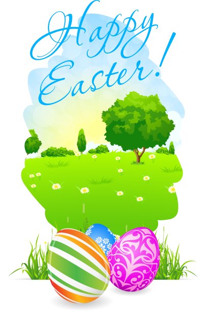 带有景观和装饰彩蛋的复活节卡片图片下载