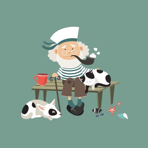 老水手和猫狗坐在长凳上图片下载