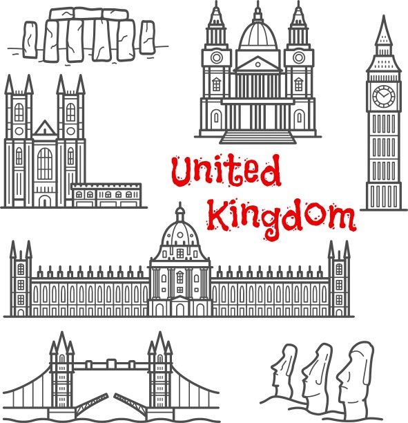 英国和智利旅游地标草图图片下载