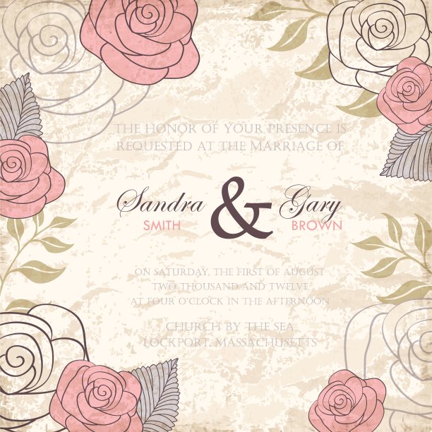 带玫瑰的复古花婚礼请柬图片下载