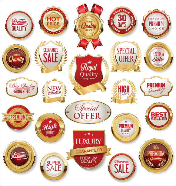 复古的金色和红色徽章和标签收集图片下载