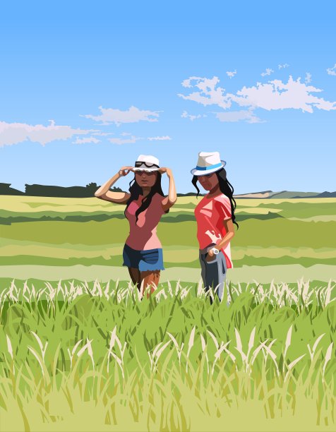 两个现代女人在绿色的田野里图片下载