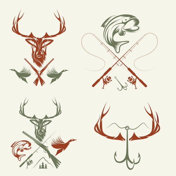 一套复古狩猎和捕鱼标签图片下载