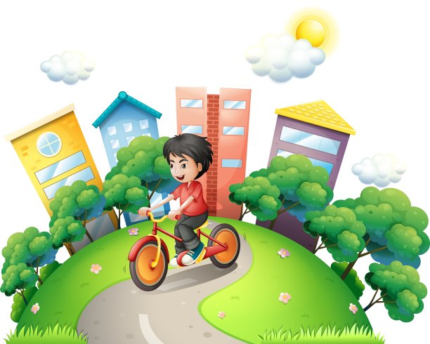 一个男孩骑着自行车走在通往高处的路上图片下载