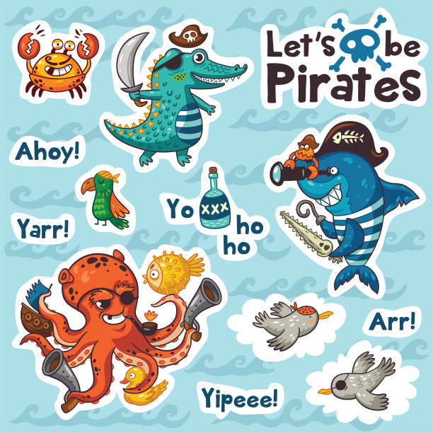 卡通风格的水下海盗贴纸套装图片下载