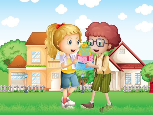 一个男孩和一个女孩在门前交换礼物图片下载