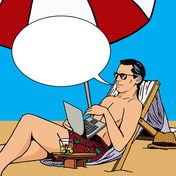 男人在海滩上用笔记本电脑创作波普艺术图片下载