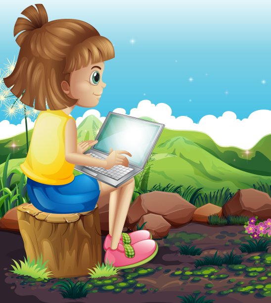 一个年轻的女孩坐在树桩上使用图片下载