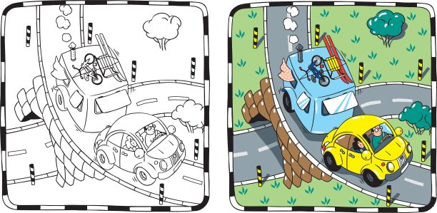 黄色复古车与拖车着色书图片下载