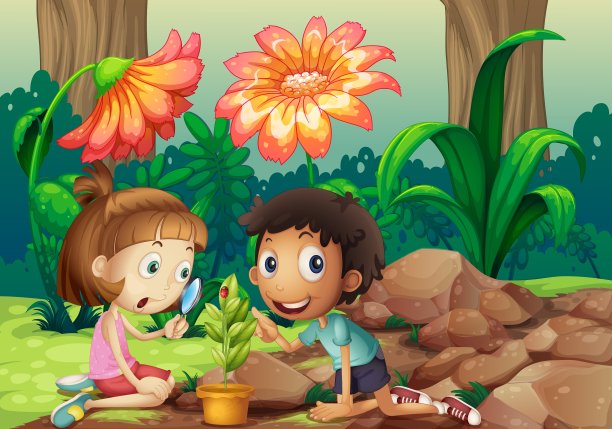 一个女孩和一个男孩看着植物图片下载