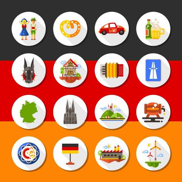 一套扁平化设计的德国旅游图标图片下载