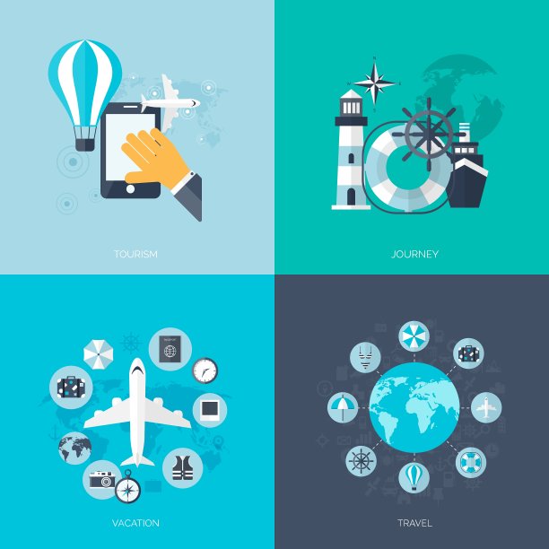 世界旅行概念背景设置平面图标图片下载