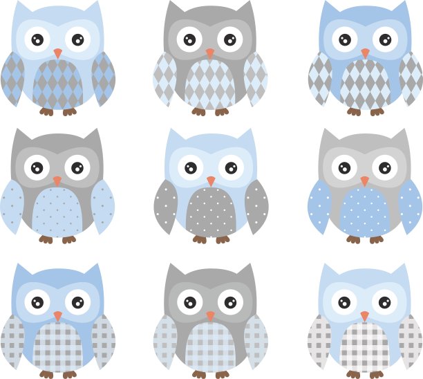 可爱的蓝色和灰色可爱的猫头鹰套装图片下载