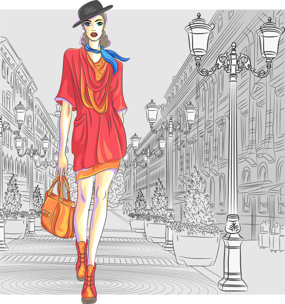 时尚女孩在帽子和包图片下载