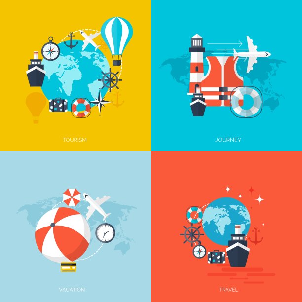 世界旅行概念背景设置平面图标图片下载