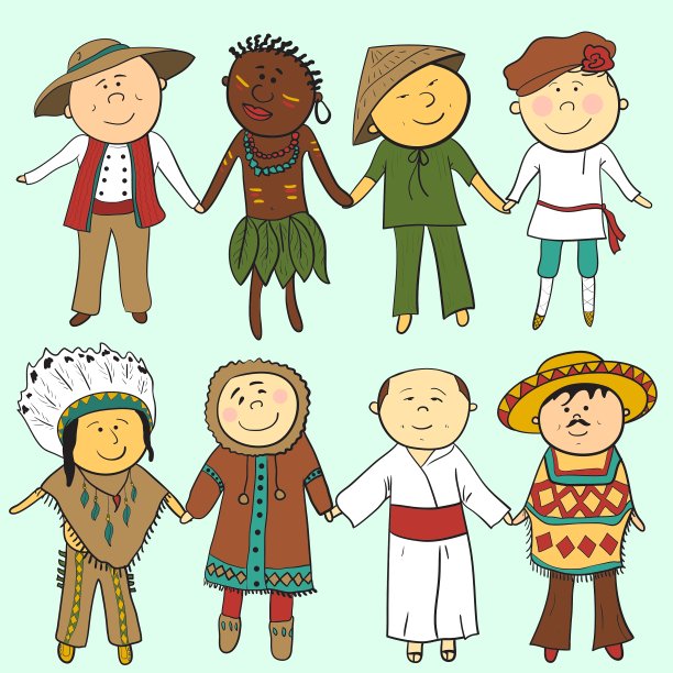穿着不同传统服装的卡通孩子图片下载