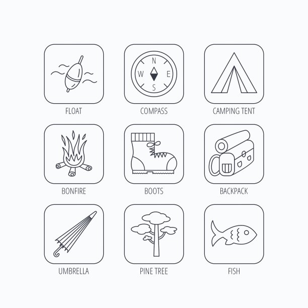 松树钓鱼浮子和登山靴的图标图片下载