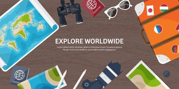 旅游和旅游平面风格的世界地球地图图片下载