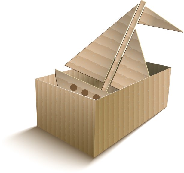 玩具船在一个打开的纸板箱里图片下载