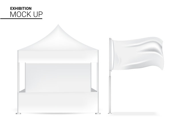 3D模拟逼真的摊位展示POP商店销售营销推广展览与旗帜旗帜模板背景插图图片下载