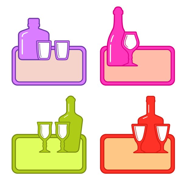 把酒瓶和玻璃杯放在彩色的托盘上图片下载