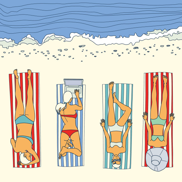 夏日沙滩上晒日光浴的女孩图片下载