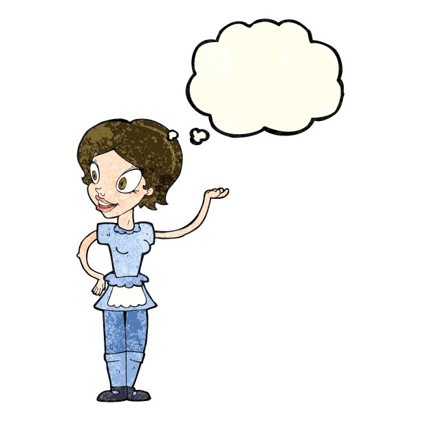 穿着女保洁员服装的卡通女人和思想泡泡图片下载