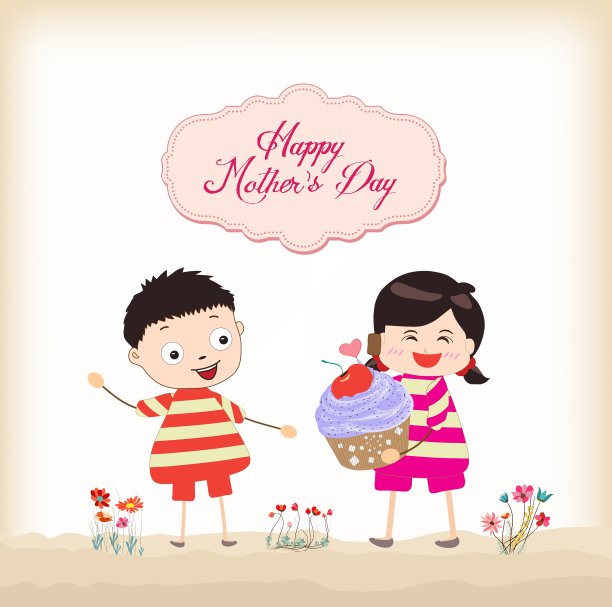 祝孩子们母亲节快乐，吃纸杯蛋糕图片下载