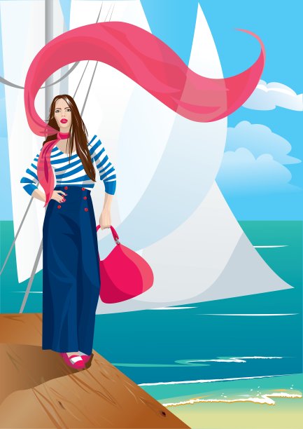 码头上的美女肖像框和游艇图片下载