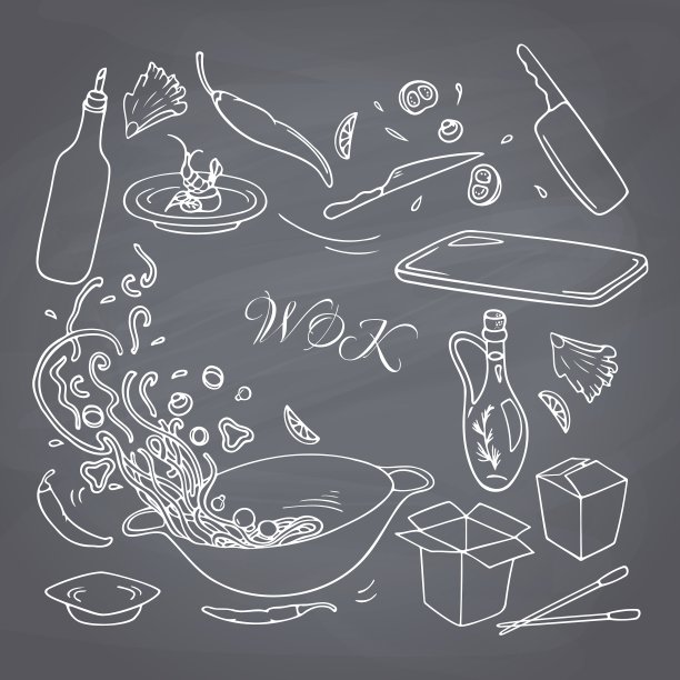 一套手绘炒锅餐厅元素的轮廓图片下载