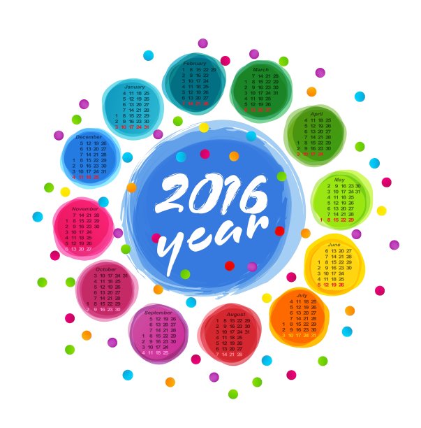 日历模板与五颜六色的圆圈为2016年图片下载