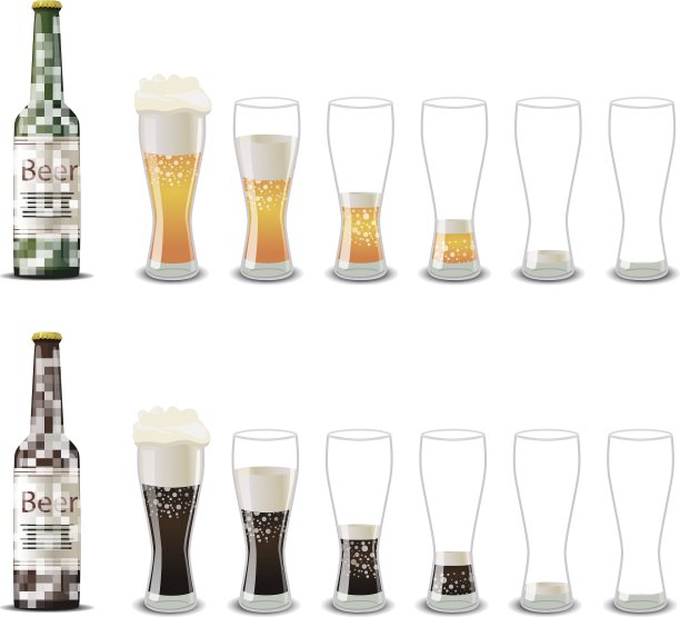 瓶装的深色和浅色啤酒与眼镜图标图片下载