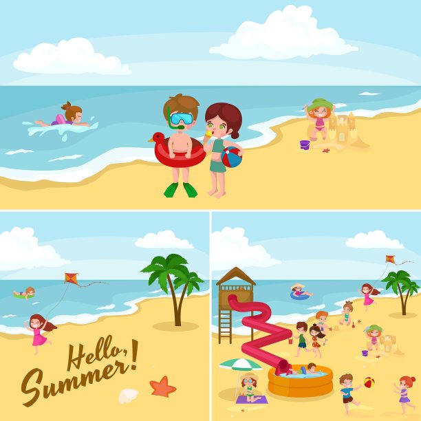 夏天的孩子们在沙滩上的沙滩上玩耍图片下载