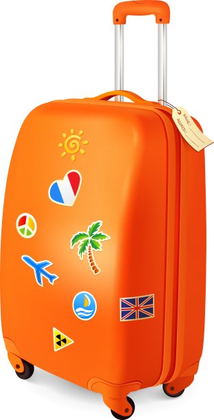 橙色带贴纸的旅行行李箱图片下载