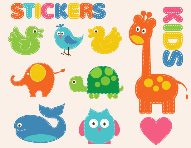 五颜六色的动物为孩子们设置贴纸图片下载