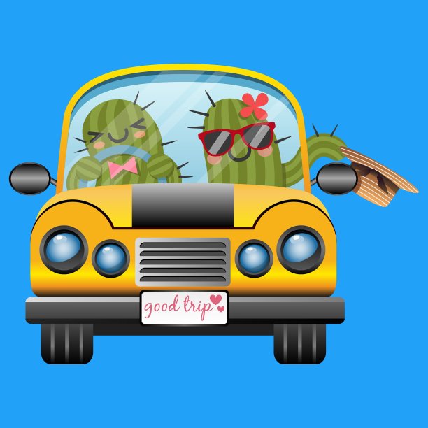 一对可爱的仙人掌夫妇开着一辆黄色的车图片下载