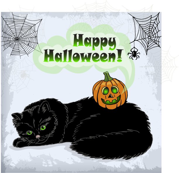 万圣节猫和绿眼睛南瓜的卡片图片下载
