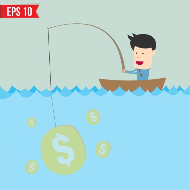 卡通商人在海里捞钱图片下载