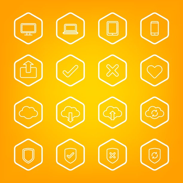 带六边形框架的白色线条Web图标集图片下载